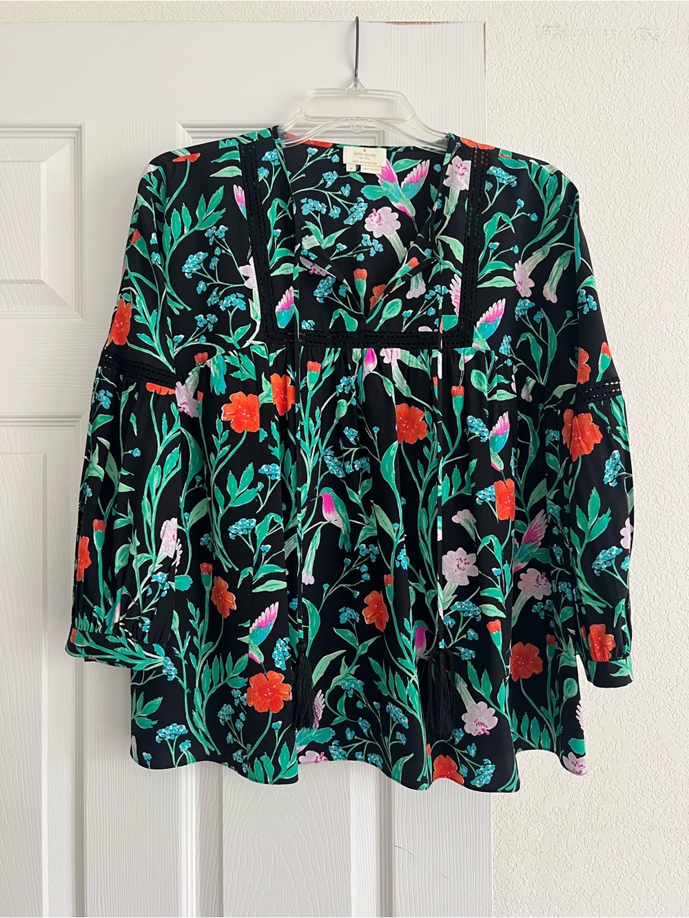 Kate Spade Jardin Floral Lace Blouson Sleeve Silk Blouse